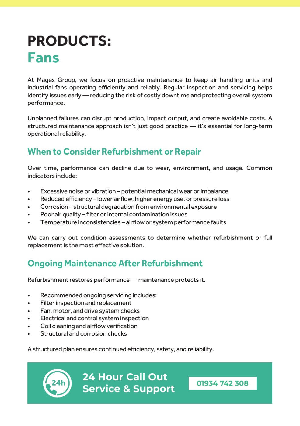 Page 10 of the Mages Group brochure: Fans: maintenance