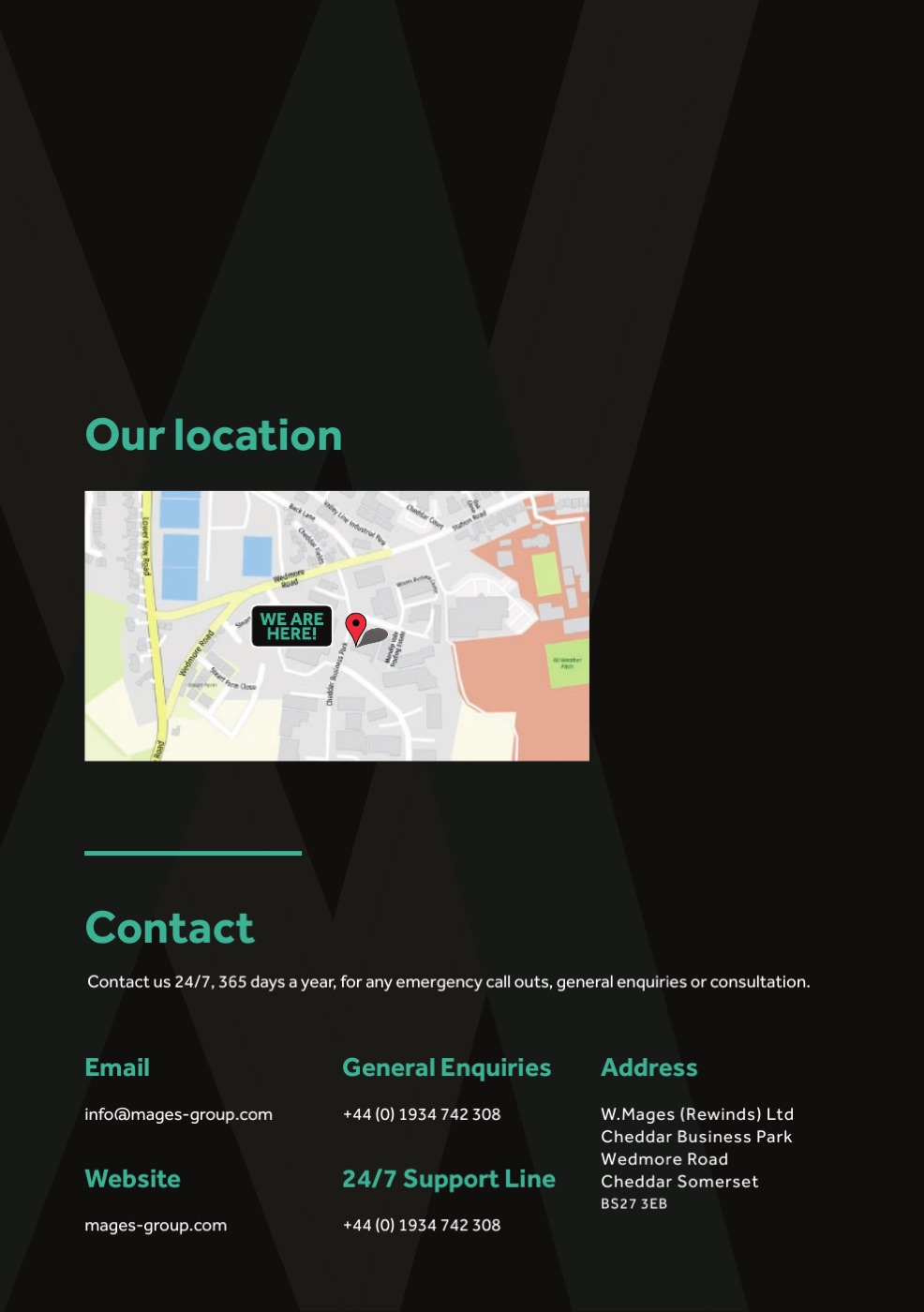 Map showing Mages Group at Cheddar Business Park, with contact details